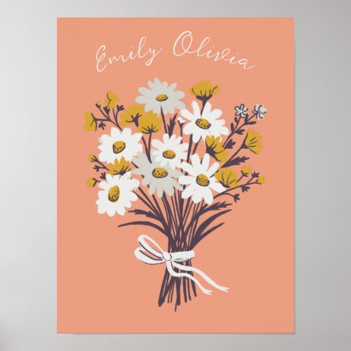 Pretty Daisy Bouquet Retro Modern CUSTOM BABY NAME Poster