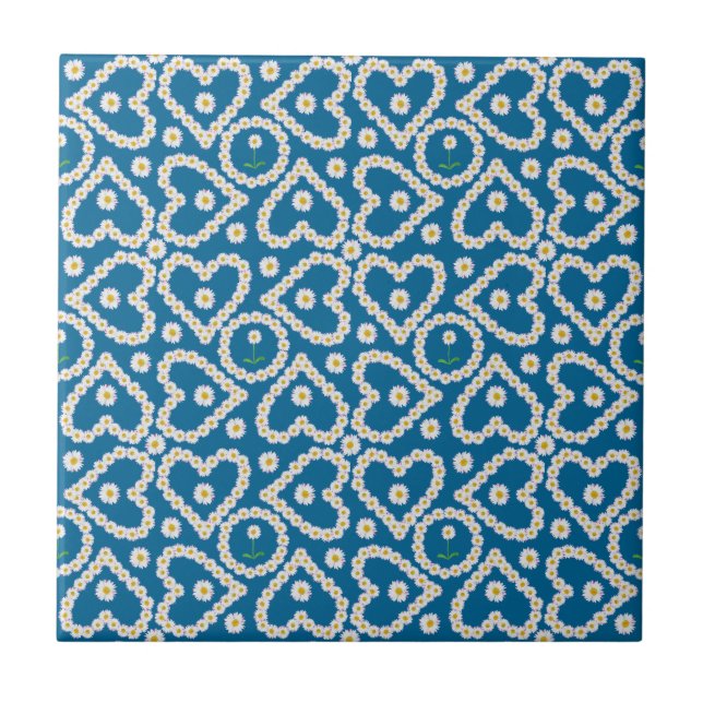 Pretty Daisy Chains on Blue, Ceramic Tile (Front)