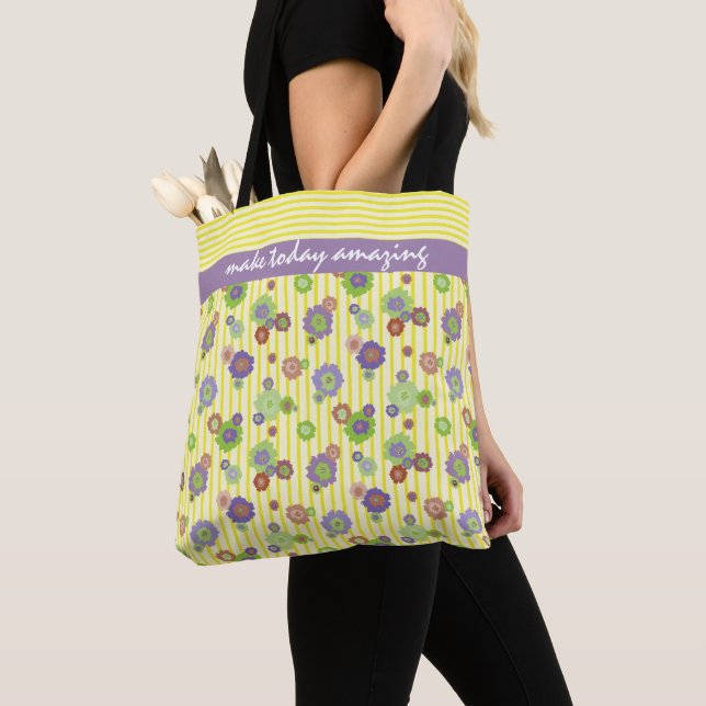 Pretty Daisy Floral Personalized Yellow Pattern Tote Bag (Close Up)