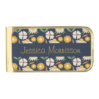 Pretty Daisy Flower Pattern Personalised Gold Finish Money Clip