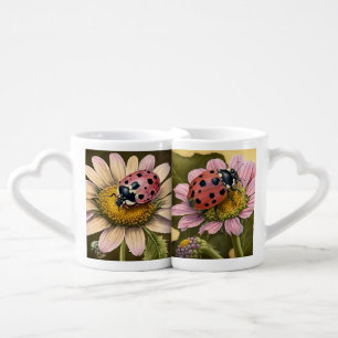 PRETTY DAISY FLOWERS AND PINK LADYBUGS COFFEE MUG SET