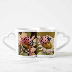 PRETTY DAISY FLOWERS AND PINK LADYBUGS COFFEE MUG SET