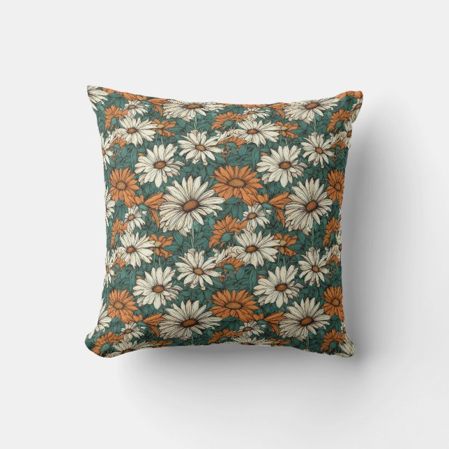 Pretty daisy flowers, green, orange and cream throw pillow (Front)
