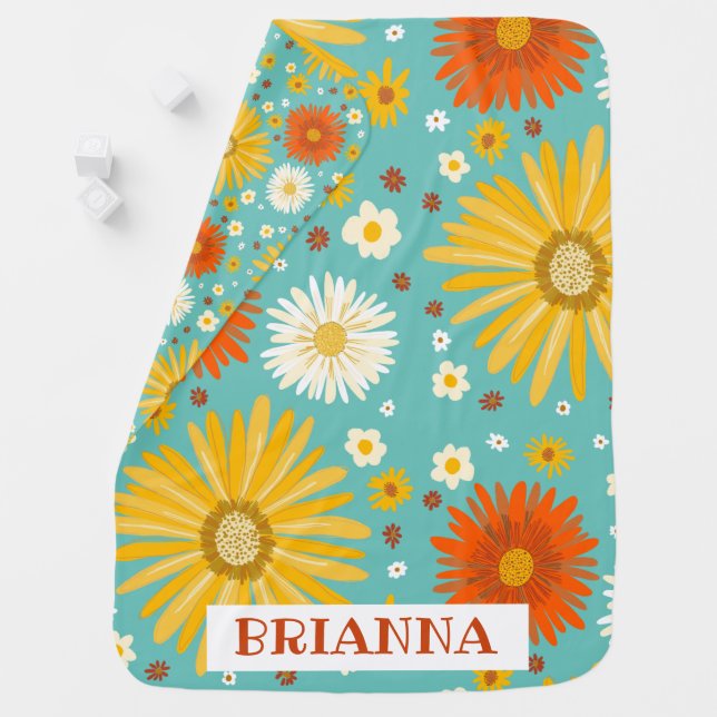 Pretty Daisy Pattern CUSTOM Floral Orange Yellow Baby Blanket (In Situ)