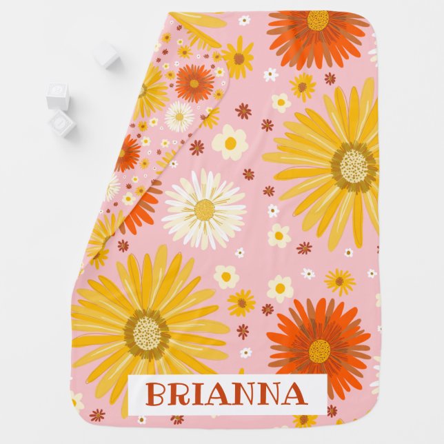 Pretty Daisy Pattern CUSTOM Floral Orange Yellow Baby Blanket (In Situ)