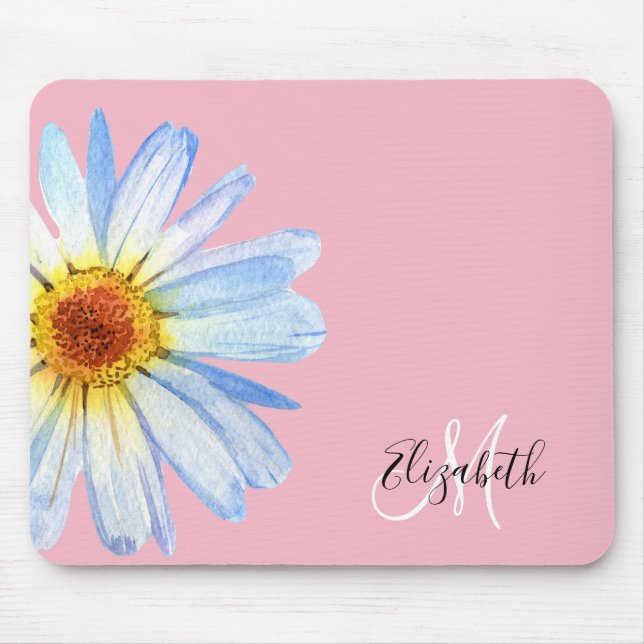 Pretty Daisy White Pink Monogram Mouse Pad (Front)