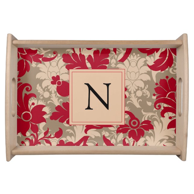 Pretty Damask Country Farmhouse Monogram Serving Tray (Front)