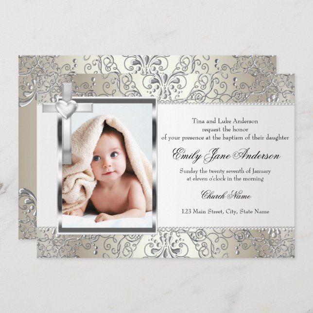 Pretty Damask Cross Photo Baptism Invite (Front/Back)