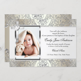 Pretty Damask Cross Photo Baptism Invite