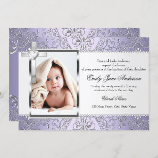 Pretty Damask & Cross Purple Photo Baptism Invite