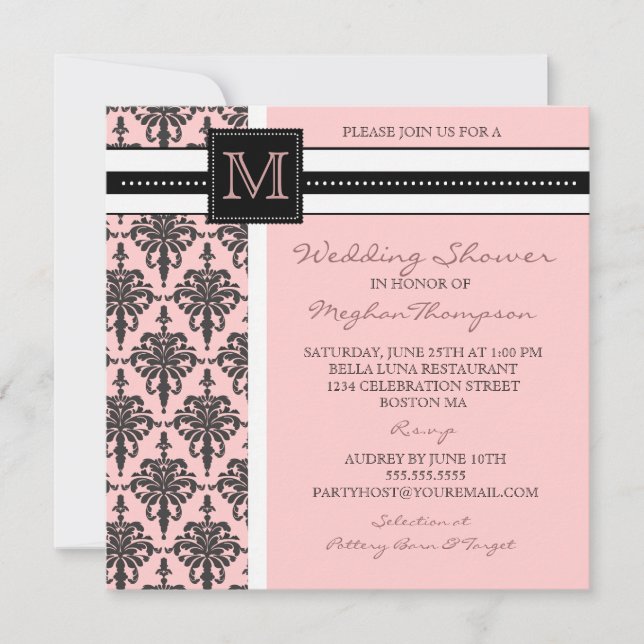 Pretty Damask Monogram Bridal Shower Invitation (Front)