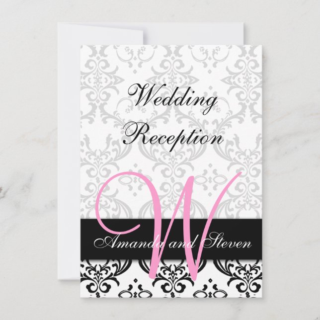 Pretty Damask Pink Monogram Wedding Reception Invitation (Front)