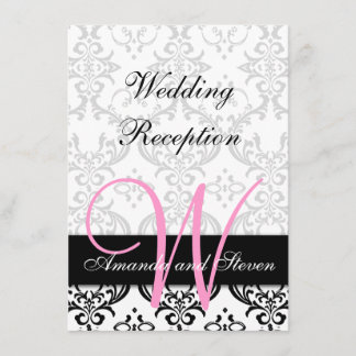 Pretty Damask Pink Monogram Wedding Reception Invitation