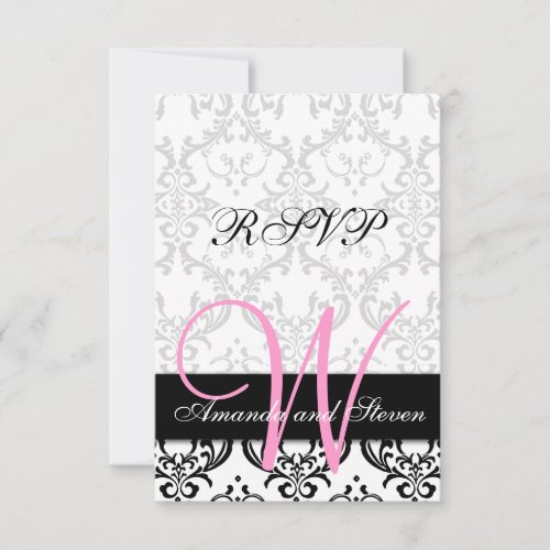 Pretty Damask Pink Monogram Wedding RSVP Card