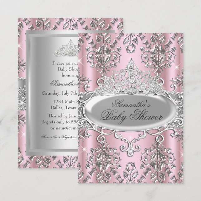 Pretty Damask Tiara Princess Baby Shower Invite (Front/Back)