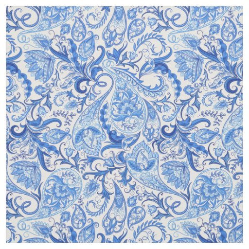 Pretty Dark And Light Blue Floral Paisley Pattern Fabric