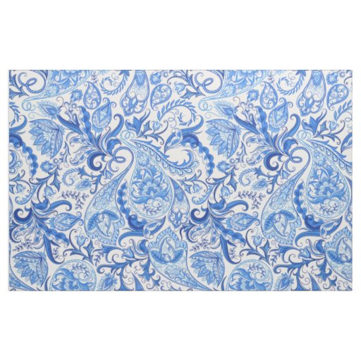 Pretty Dark And Light Blue Floral Paisley Pattern Fabric