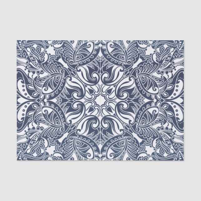 Pretty Dark Blue and White Paisley Tissue Paper (Front)