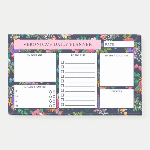 Pretty Dark Blue Floral Pattern Daily Planner Post_it Notes