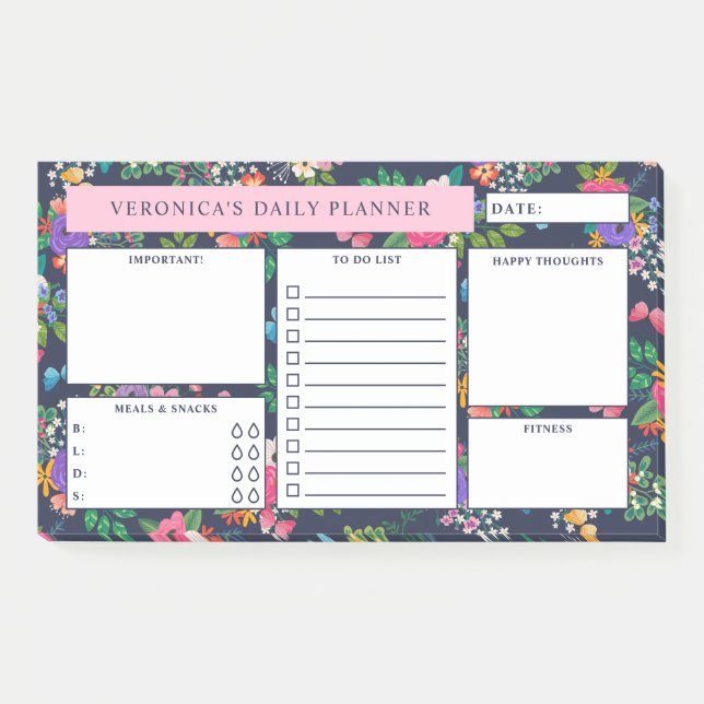 Pretty Dark Blue Floral Pattern Daily Planner Post-it Notes (Front)