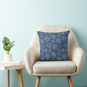 Pretty Dark Blue Floral Pattern Throw Pillow
