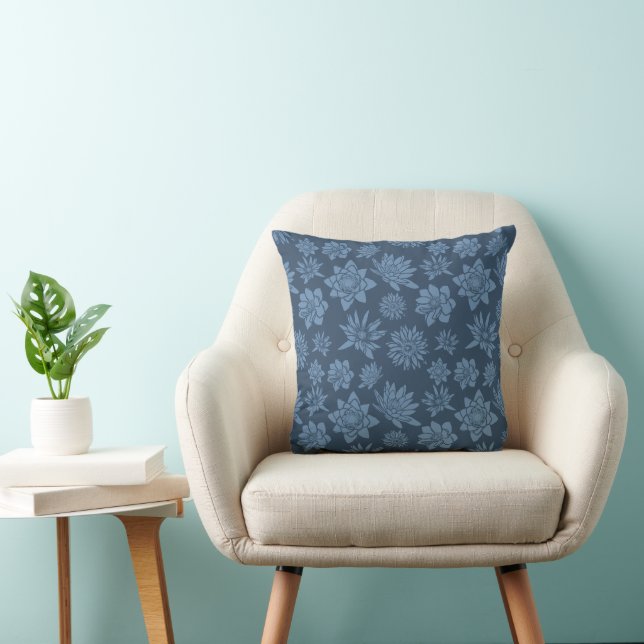 Pretty Dark Blue Floral Pattern Throw Pillow (Chair)