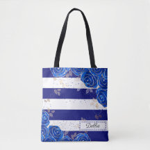 Pretty Dark Blue Flowers And Stripes Tote Bag