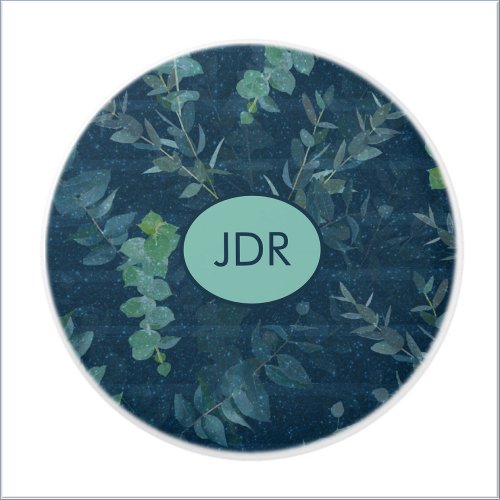 Pretty Dark Blue  Teal Green Leaves Floral Ceramic Knob