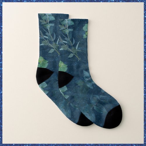 Pretty Dark Blue  Teal Green Leaves  Socks