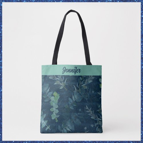 Pretty Dark Blue  Teal Green Leaves  Tote Bag