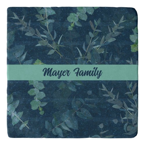 Pretty Dark Blue  Teal Green Leaves  Trivet