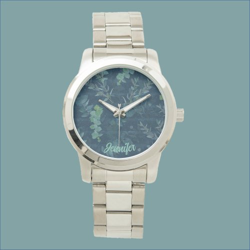 Pretty Dark Blue  Teal Green Leaves Watch