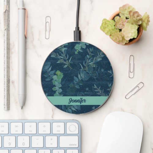 Pretty Dark Blue  Teal Green Leaves  Wireless Charger