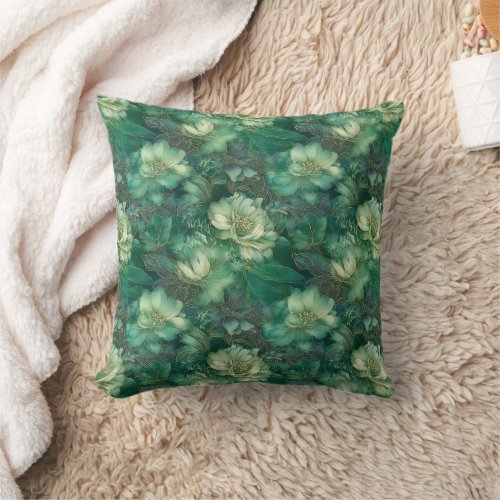 Pretty dark green gold floral pattern throw pillow