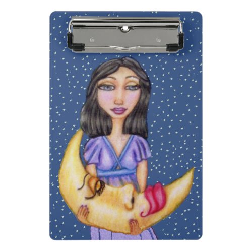 Pretty Dark Haired Lady Purple Nightgown Moon Mini Clipboard