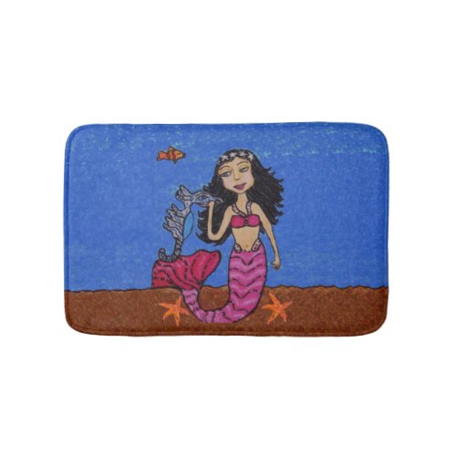 Pretty Dark Haired Mermaid Seahorse Fish Bathroom Mat