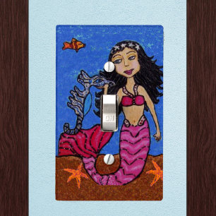 Pretty Dark Haired Mermaid Seahorse Fish Light Switch Cover