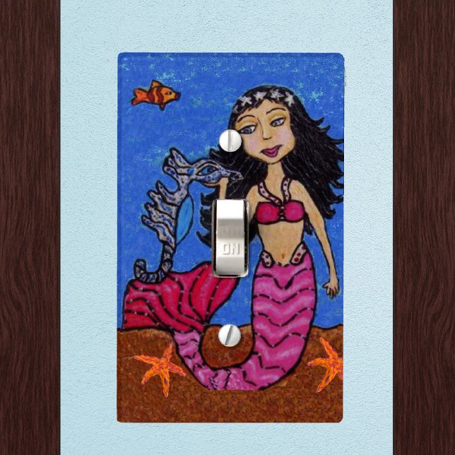 Pretty Dark Haired Mermaid Seahorse Fish Light Switch Cover (Mermaid pink tale in ocean seahorse fish, starfish on electrical wall plate.)