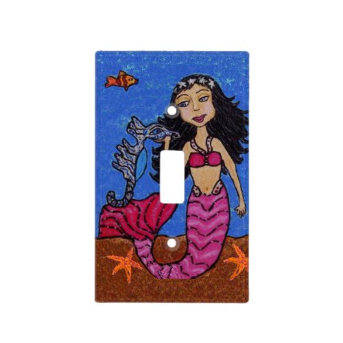 Pretty Dark Haired Mermaid Seahorse Fish Light Switch Cover