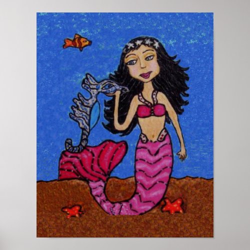 Pretty Dark Haired Mermaid Seahorse Fish Poster