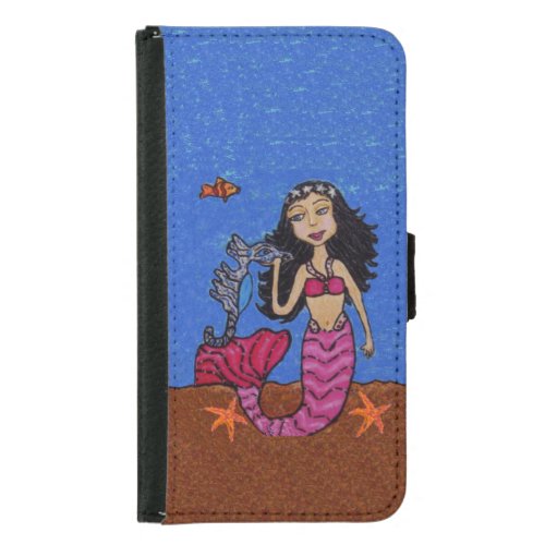 Pretty Dark Haired Mermaid Seahorse Fish Wallet Phone Case For Samsung Galaxy S5