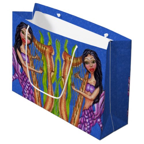 Pretty Dark Haired Purple Mermaid Harp Ocean Large Gift Bag