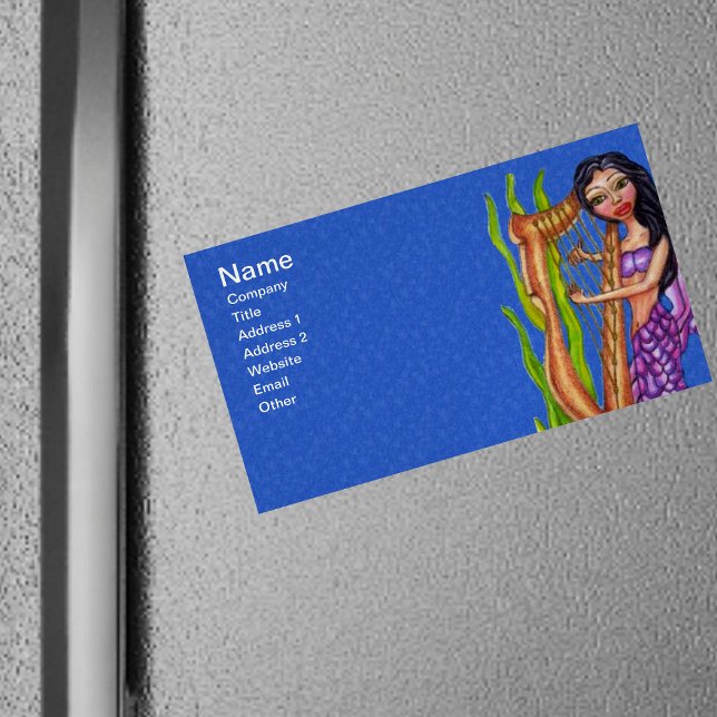 Pretty Dark Haired Purple Mermaid Harp Ocean Magnetic Business Card (Mermaid purple tail green seaweed playing harp on dark blue magnetic business cards.)