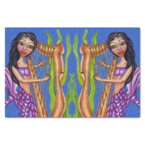 Pretty Dark Haired Purple Mermaid Harp Ocean Tissue Paper