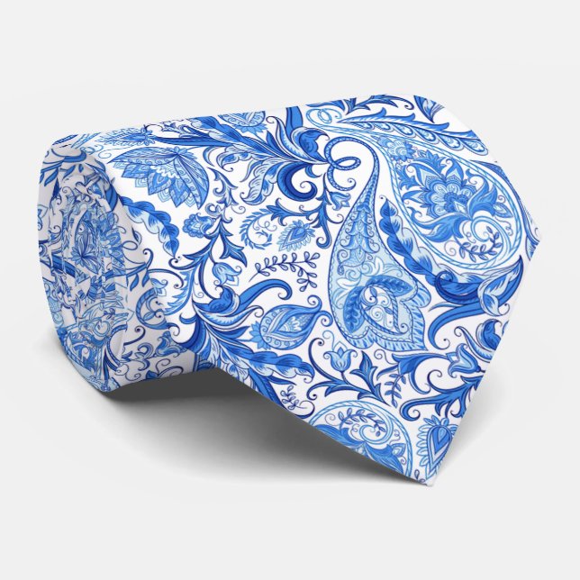 Pretty Dark Light Blue White Floral Paisley Art Tie (Rolled)