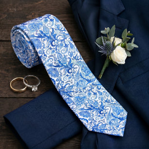 Pretty Dark Light Blue White Floral Paisley Art Tie