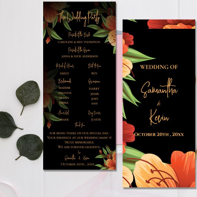Pretty Dark Moody Orange Floral Wedding Program (Pretty Dark Moody Orange Floral Wedding Program)