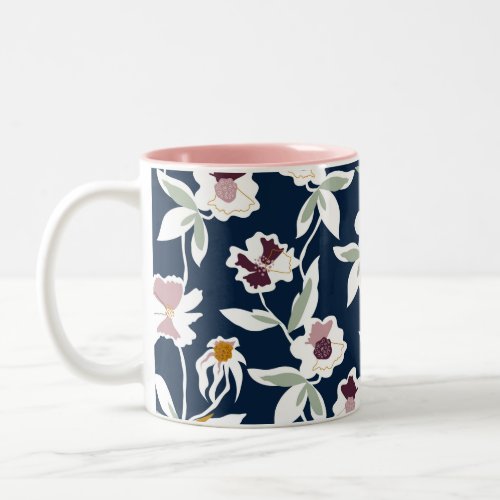 Pretty Dark Navy Floral All Over Pattern Two_Tone Coffee Mug