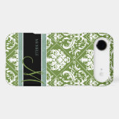 Pretty Dark Olive Green & white damask w/ monogram Case-Mate iPhone Case (Back (Horizontal))
