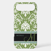 Pretty Dark Olive Green & white damask w/ monogram Case-Mate iPhone Case (Back)